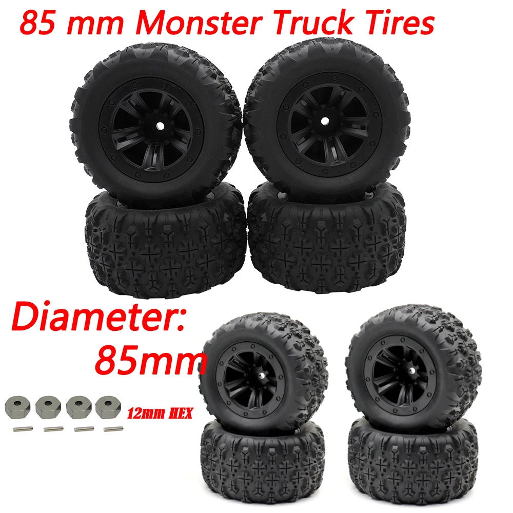 4PCS 85mm 12mm Hex Rubber Tires Wheels for SCY 16101 16102 16103 Pro MJX Hyper Go 14210 16210 1/14 1/16 RC Monster Truck Upgrade