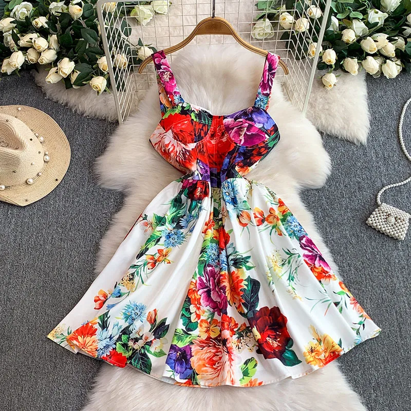Sommerliches europäisch-amerikanisches Retro-Kleid mit Brustpolster und Trägern – Neues modisches sexy Minikleid für Damen S475