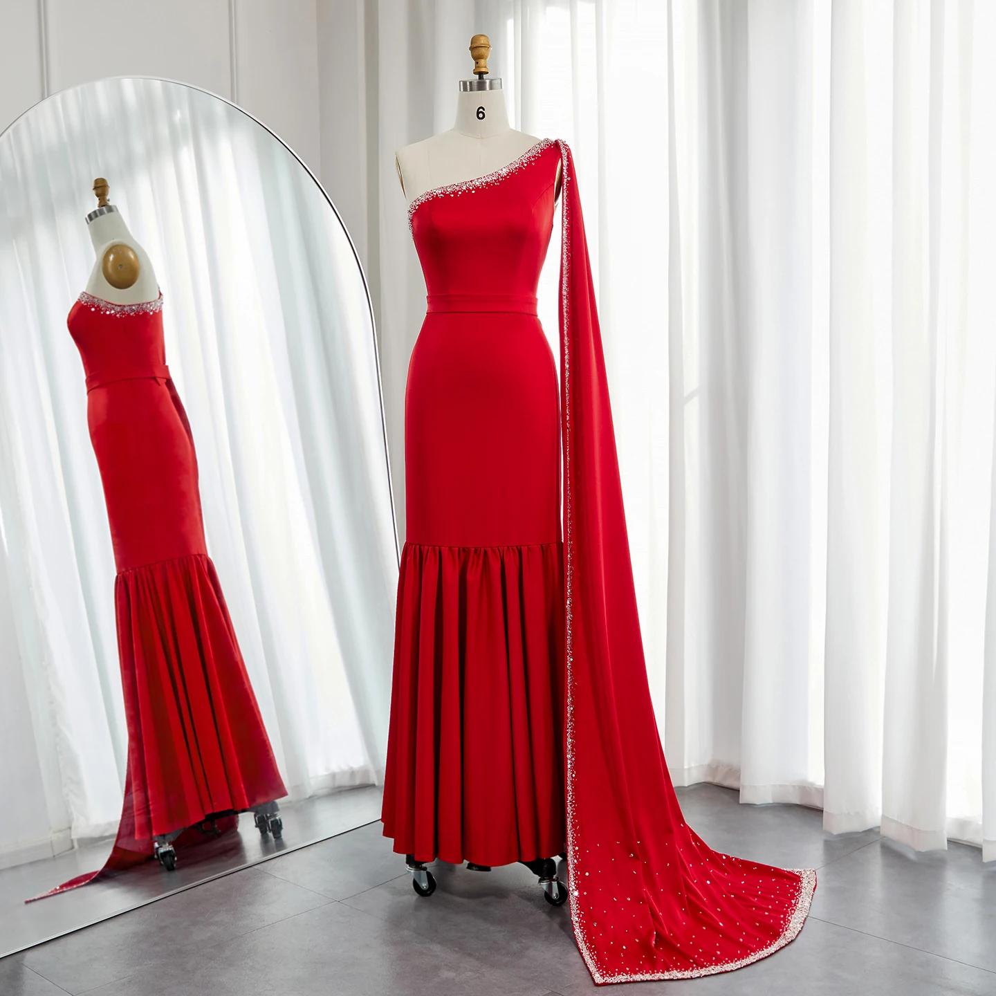 Sharon Said Burgunderrotes One-Shoulder-Abendkleid mit Cape-Ärmeln für Damen, Hochzeit, luxuriös, Dubai, formelle Partykleider SS384, individuell gestaltet