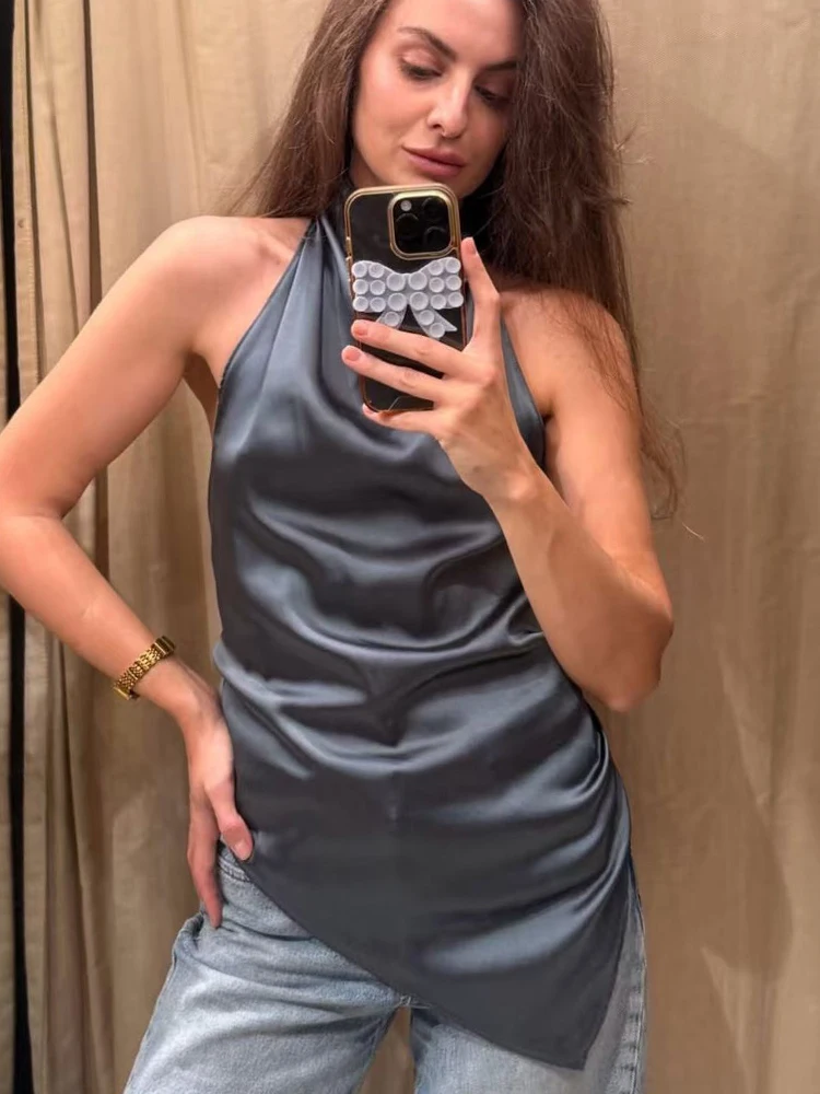 Women Halter Neck Tank Tops Solid Color Back Tie Bow Slim Fit Irregular Cami Top 2026 New Retro Open Back Sleeveless Female