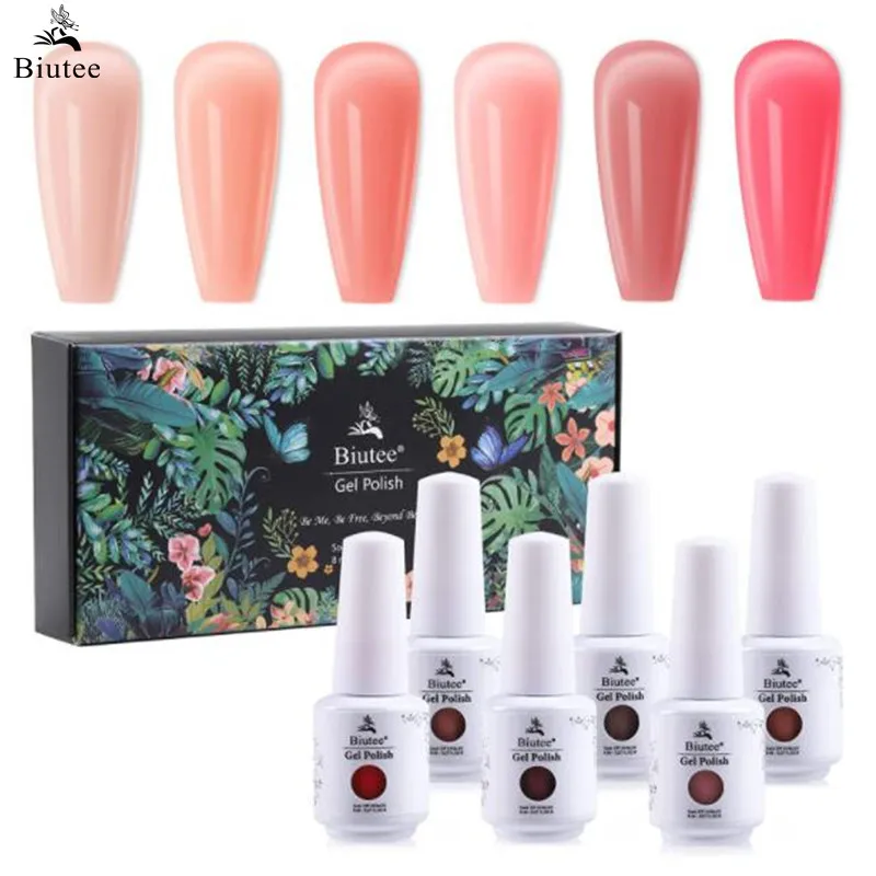 

Biutee Jelly Pink Crystal Nail Gel Polish Set 8ml Translucent Varnish Soak Off Nail Art UV Gel 6 Colors Nude Color for Manicure