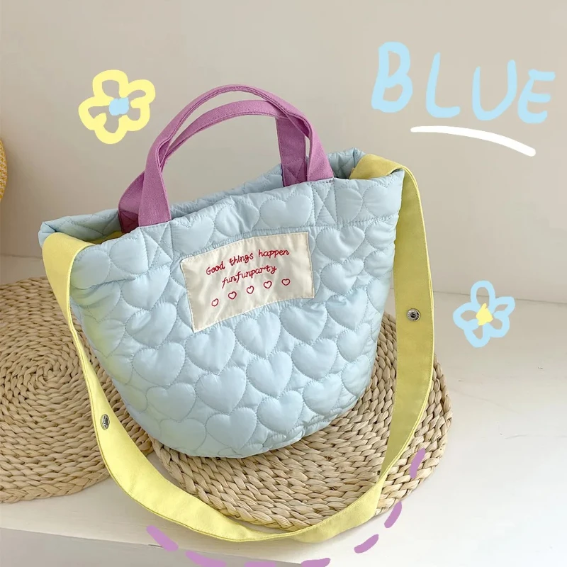 

Contrast Color Ladies Bucket Bag Love Quilting Women's Padded Shoulder Bags Large Capacity Female Tote Purse Travel Handbags