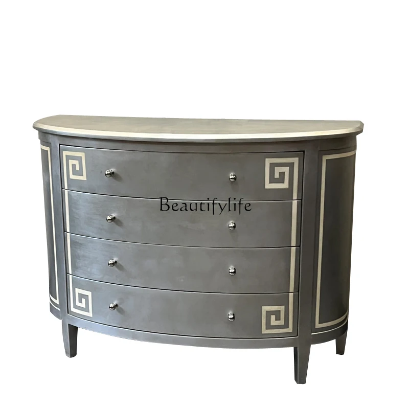 

Modern light luxury French champagne semicircle living room corridor entrance view cabinet