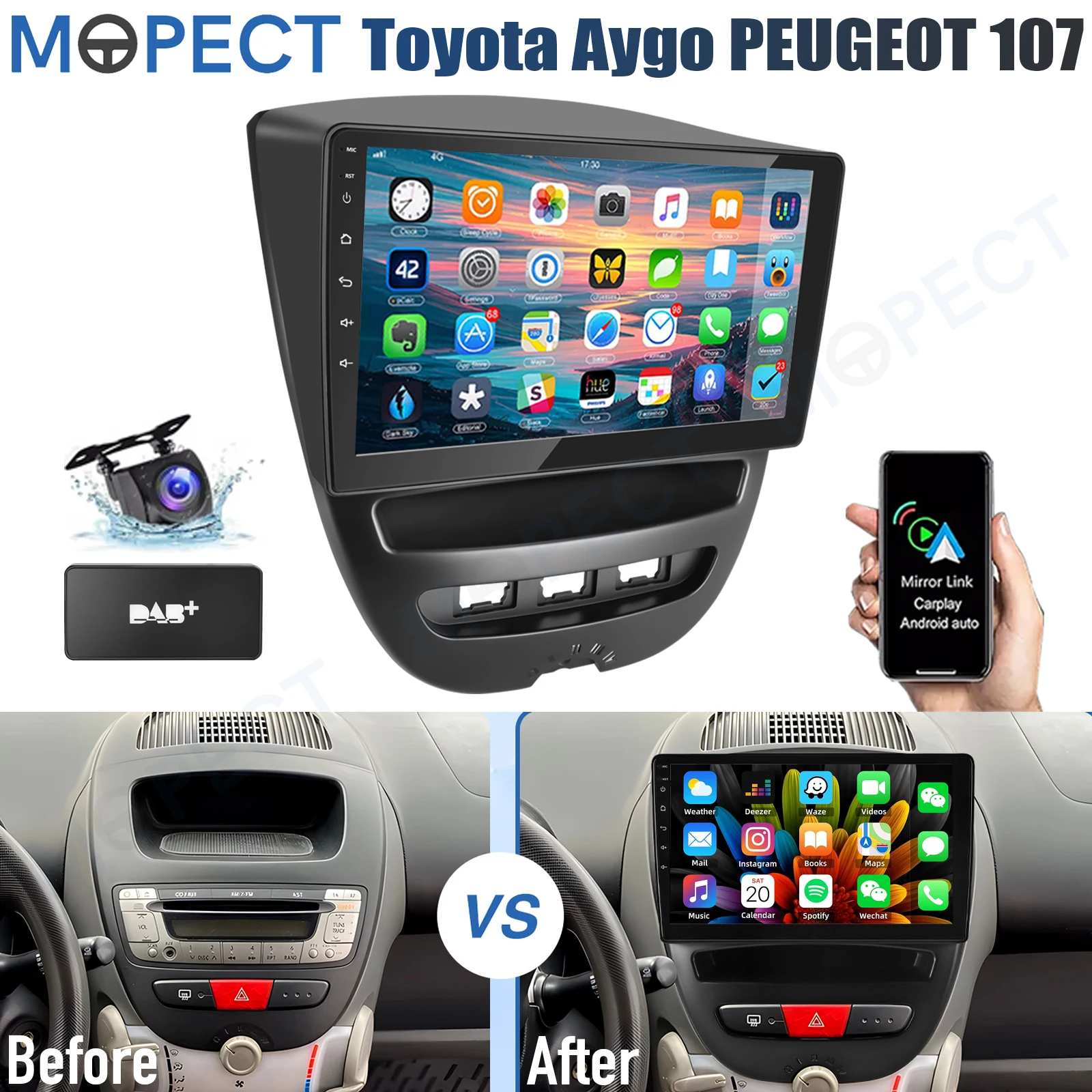 MOPECT 10.1" Android 15 autoradio voor Toyota Aygo / PEUGEOT 107 / Citroen C1 2005-2014 WiFi Carplay 4G+64G SWC FM+DVR&CAM