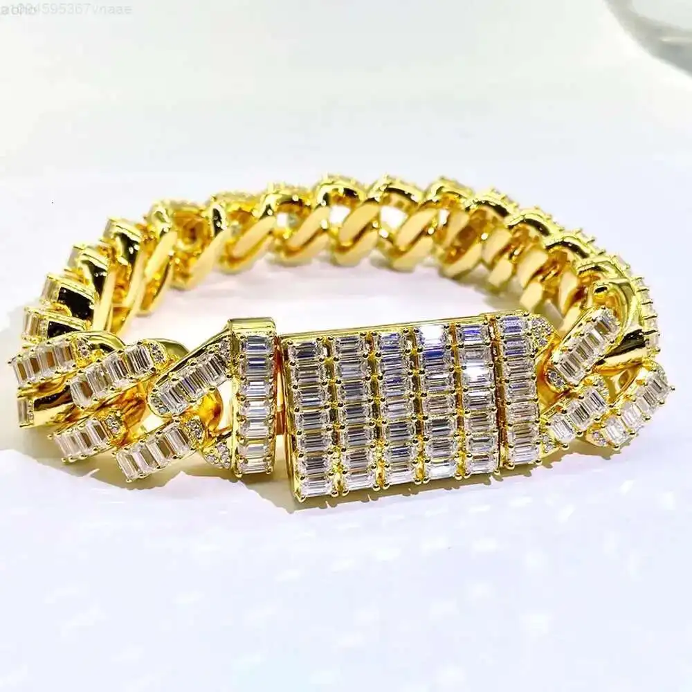 

Aaa Gems Emerald Cut Moissanite Cuban Chains Bracelet Solid 925 Sterling Silver Luxury Hip Hop Baguette Bracelet for Rapper