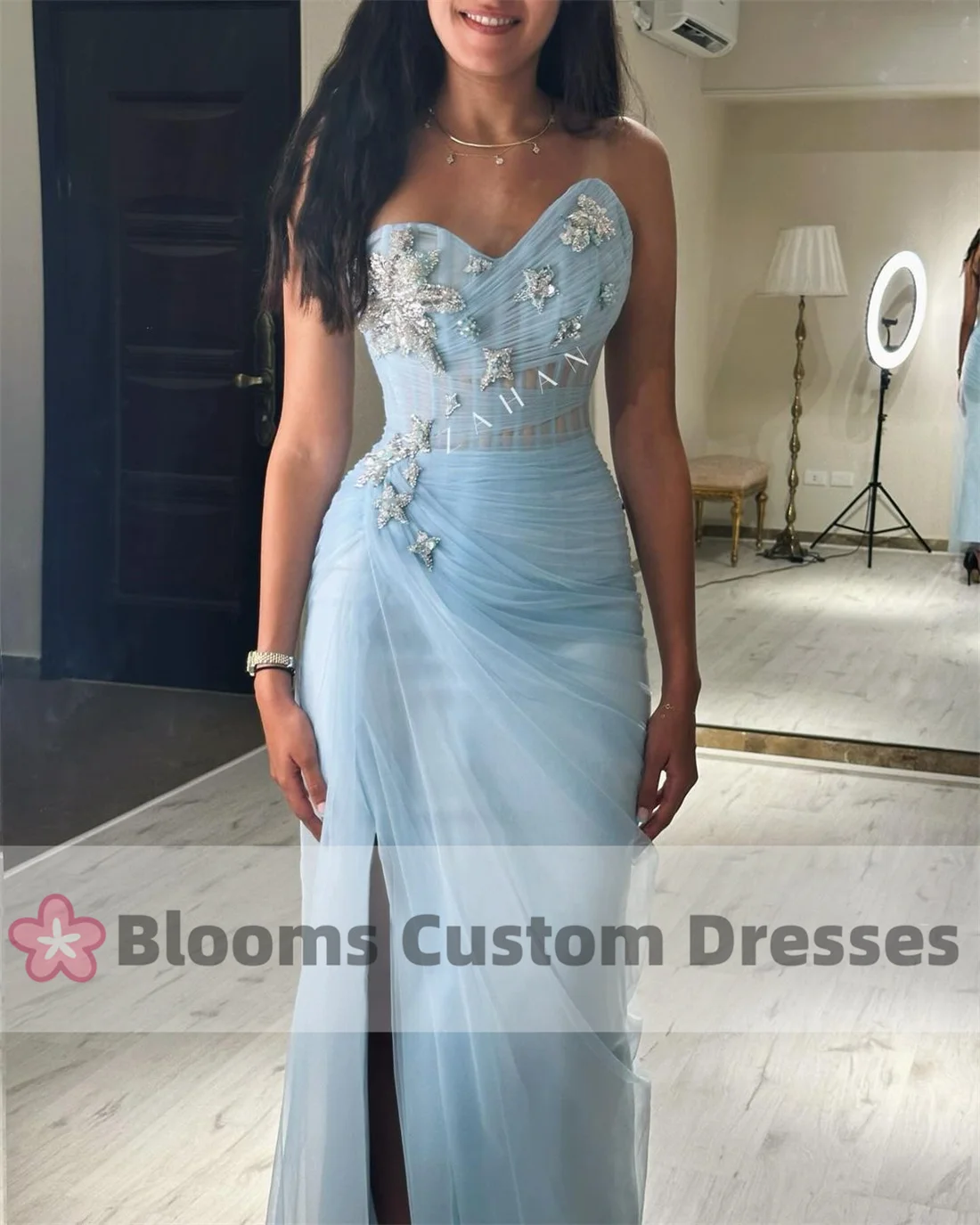 Blooms Water Blue Tulle Beaded Customized Evening Dresses For Special Occasion Saudi Pleat Party Gown Sleeveless Prom Dresses