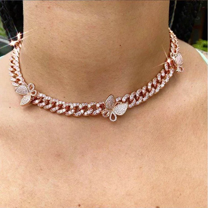 

2025 Новая мода Iced Out Bling Cz Майами Кубинская цепочка-цепочка с бабочкой Ожерелье-колье в стиле хип-хоп Женские украшения