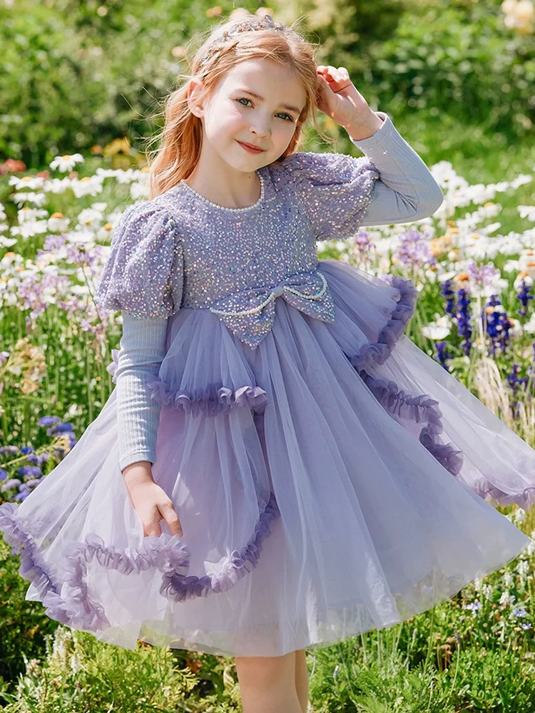 Winter Autumn Embroidery Lace Velvet Ball Gown Dress Girls Party Elegant Purple Shiny Bow Kid Birthday Princess Children Clothes