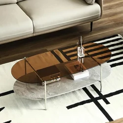 Glass Coffee Table, 2-Tier Modern Coffee Table Glass & Slate Stone Oval Center Table for Home Office Living Room