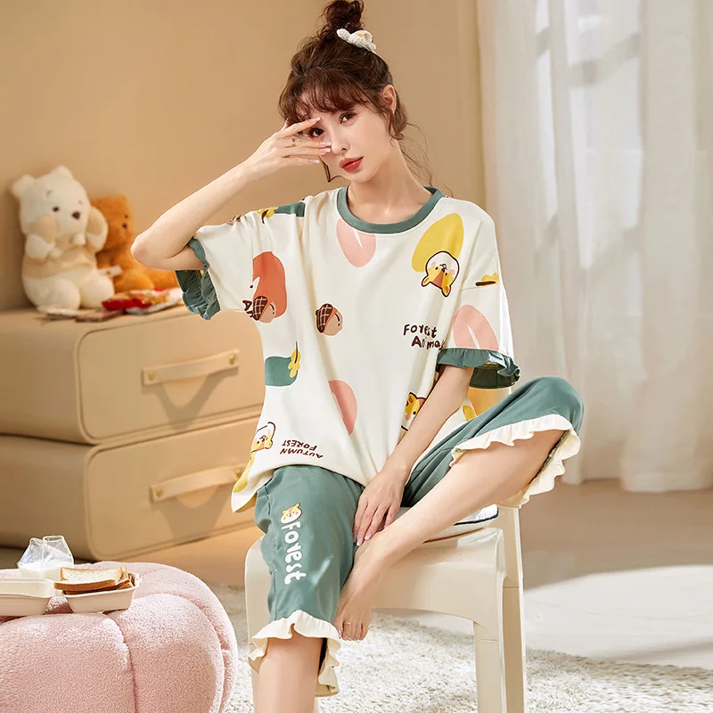 New Summer Cotton Capri Pants Pajamas Set Kawaii Cartoon Printing Pijama Female Sleepwear Plus Size 4XL 5XL Woman Home Suit