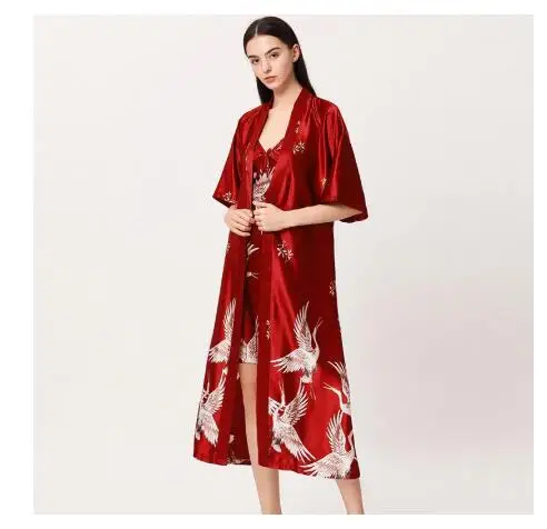 Women Nightgown Ice Silk Chinese Style Crane Print Half Sleeve Kimono Bathrobe Bride Bridesmaid Wedding Long Robe Non-suit