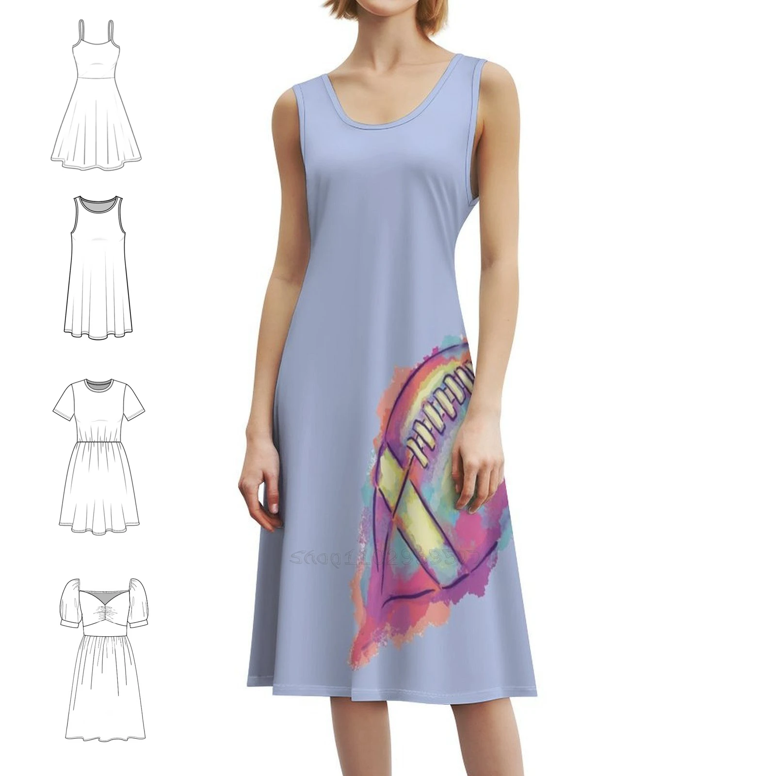 

Watercolor Football Bohemian Sleeveless Dress For Women Print Beach Party Dresses American Football Lover American Women's