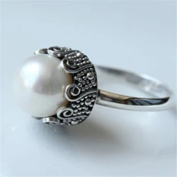 Simulated Pearl Ring Round Vintage Silver Color Rings for Women Jewelry Love Gifts Wedding Party Accessories Anillos Mujer