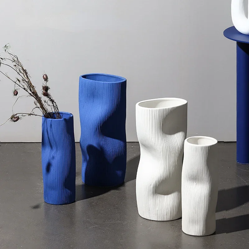 

Home Klein Blue Irregular Straight Tube Ceramic Vase Sample Room Morandi Soft Decoration Flower Ware