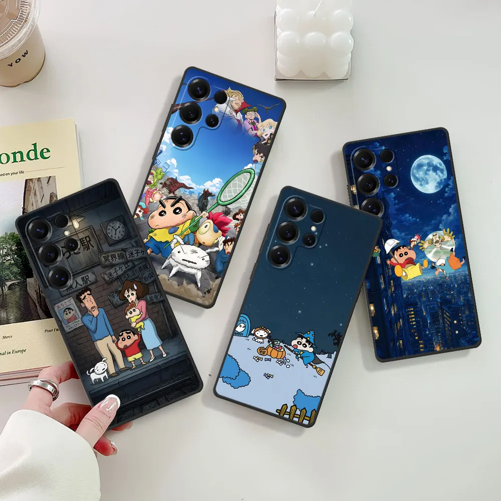 Phone Case For Samsung S25 S24 S23 S22 S20 S26 FE S7 Edge S9 S10 S21 Ultra S8 Plus TPU Black Cover Coque Cartoon Cute Shin Chan