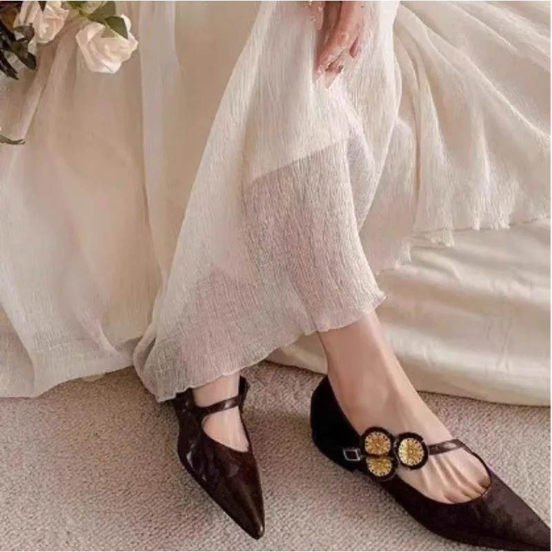 Elegant Pointed Toe Metal Buckle Sandals High Heels Slip-On Versatile Commute Spring Autumn Small Leather Shoes view 3