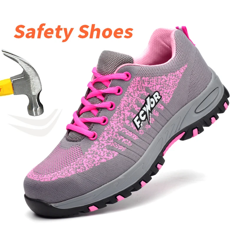 Safety Shoes for Women Steel Toe  Sneakers Puncture  Lightweight  Boots Female Pink Small Size