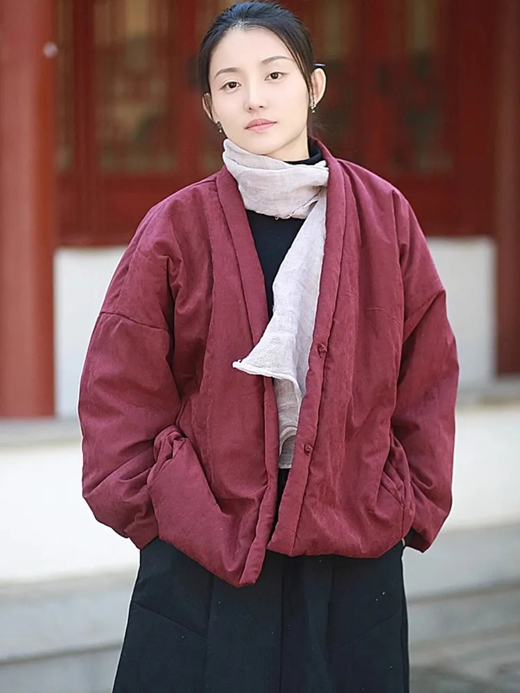 

Women Casual Padded Jackets New Arrival 2024 Autumn Chinese Style Vintage V-neck Loose Female Cotton Linen Quilted Coats M315