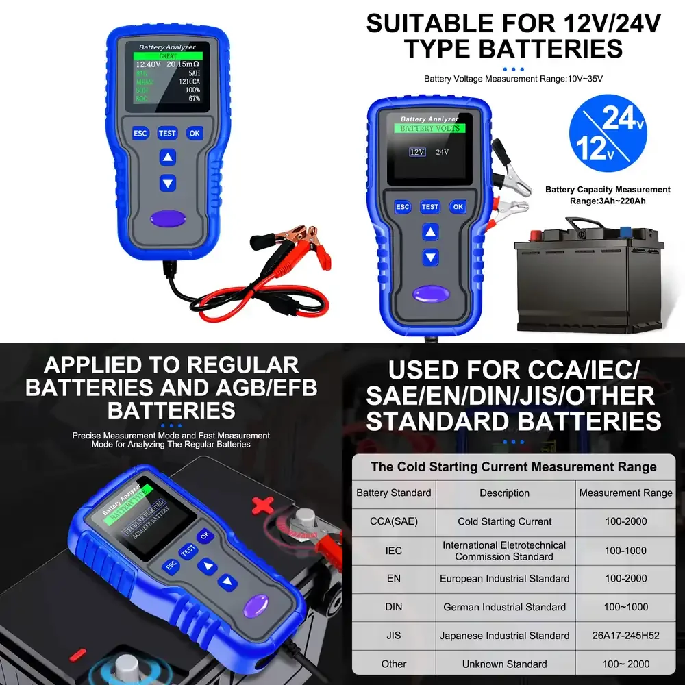 

12V 24V Battery Load Tester for Car Truck Marine Motorcycle Boat RV ATV UTV Golf Cart 100 2000 CCA Cranking Amps