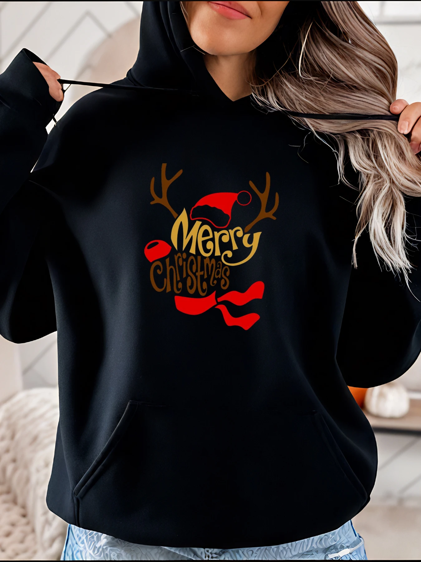 

Толстовка с принтом Merry Cathistmas в рождественском стиле с рогами оленя и шляпа Санта-Клауса, женская повседневная праздничная одежда