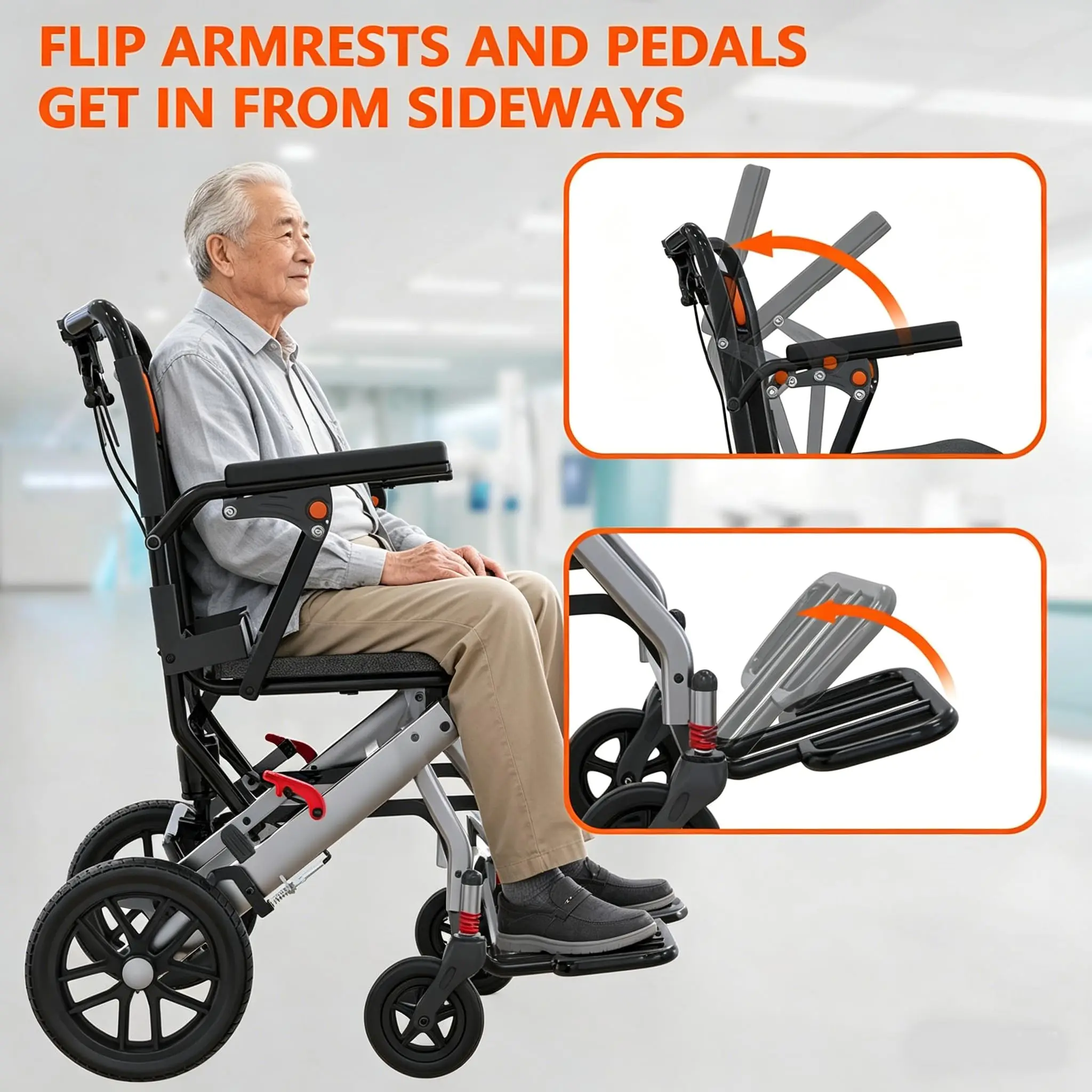 Folding Transport Wheelchair with Locking Handbrake