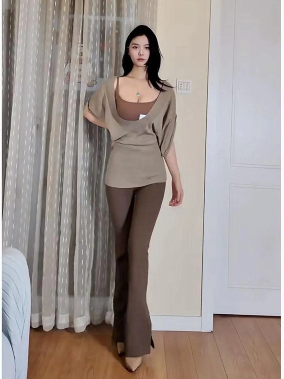

Pure Desire Spicy Girl Large U-neck Batwing Sleeve Knitted Cover up Women Spring Summer Design Slimming Top Layering Fashion