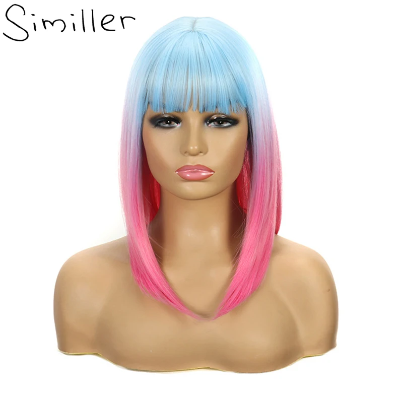 

Similler Synthetic Straight Hair Short Wigs for Women Heat Resistance Fiber Blue T Pink Ombre Wig for Daily Use with Bangs