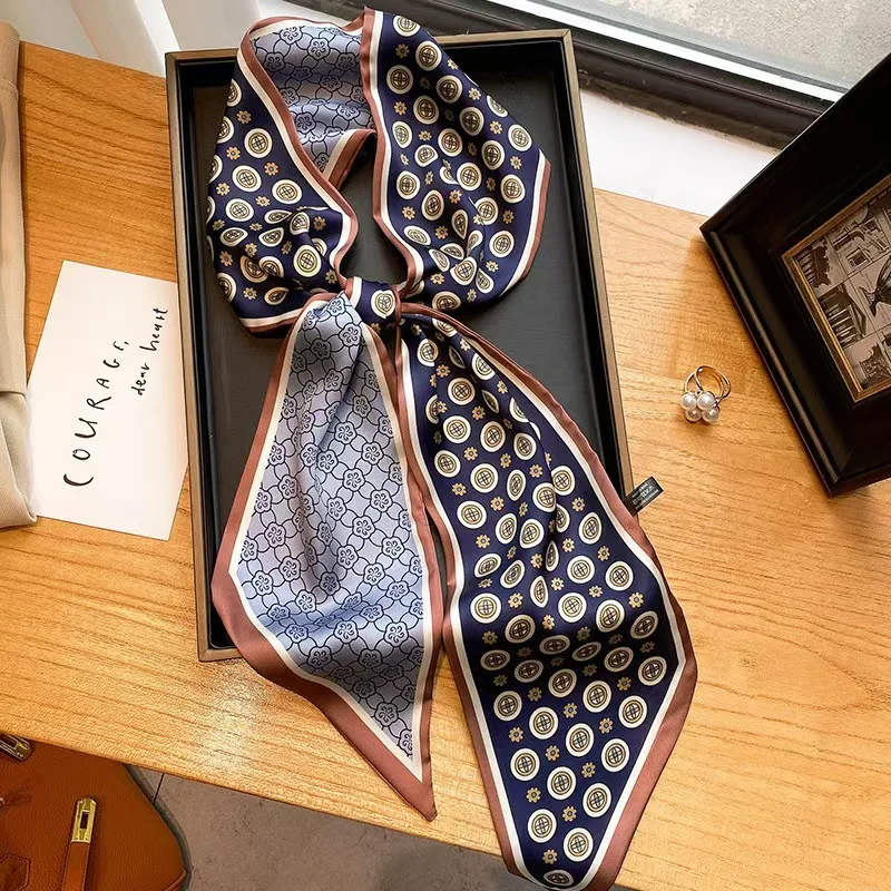Luxury Print Silk Scarf Graphic Ribbon For Women Soft Long Strip Scarf Versatile Neckerchief Bag Hair Scarves Female Headband