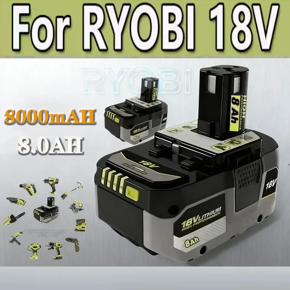 Pour RYOBI 18V 8000mAh Li-ion batterie outils électriques compatibles avec P108 18V 8.0Ah P104 P107 RB18L50 RB18L20 P108