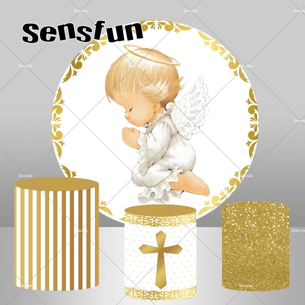 White Angel Gold God Bless Round Backdrop Cover for Kids Baptism First Holy Comunion Photography Backgrounds Plinth Covers