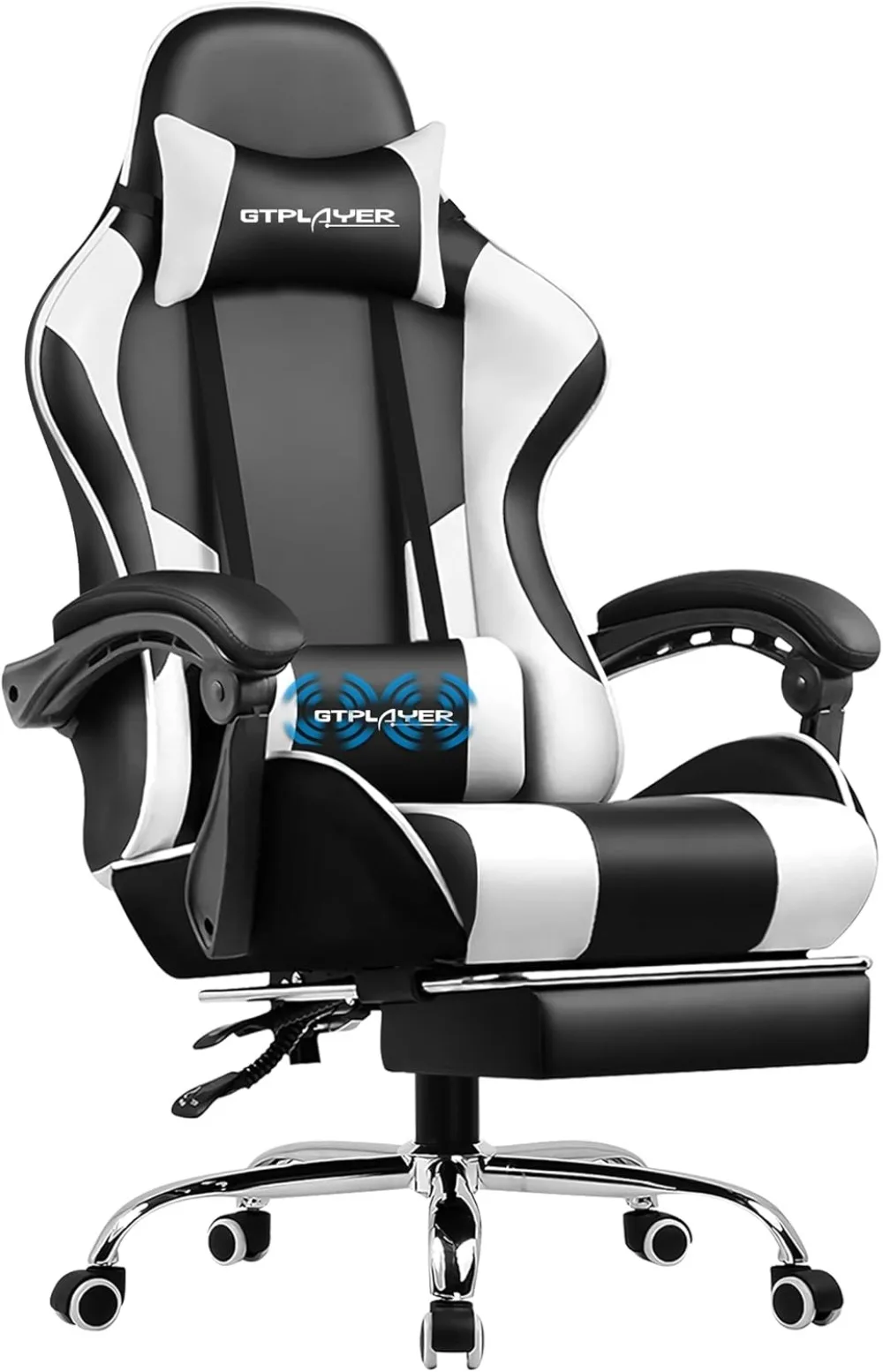 Computer Chair with Footrest and Lumbar Support, Height Adjustable with 360°-Swivel Seat and Headrest and For Office (White)