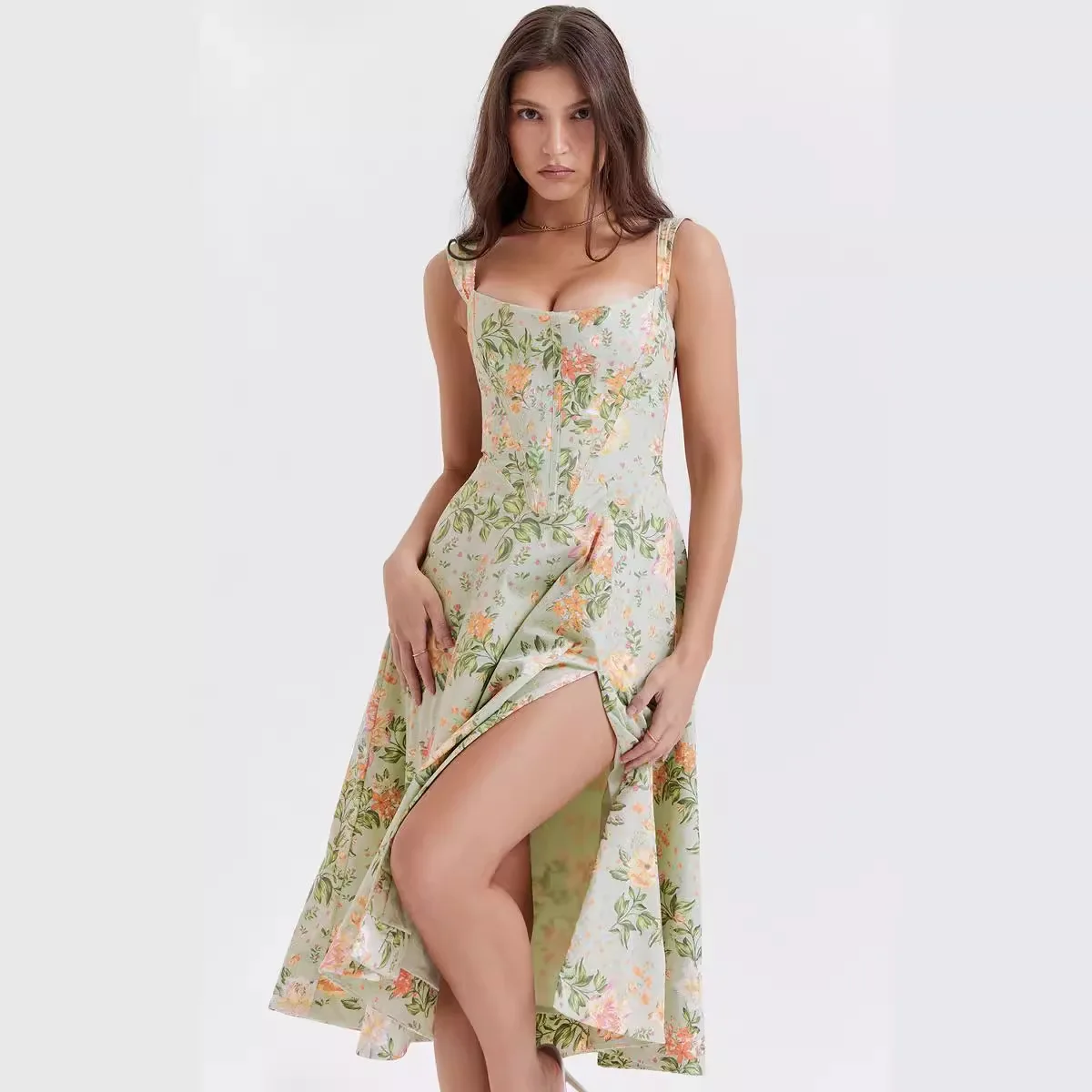 Moda Francesa de Verão Feminina Sexy Estampa Camis Vestido, Silm Fit, Vestidos Longos Forquilha, Camisa Floral Sem Encosto, Roupas Y2K