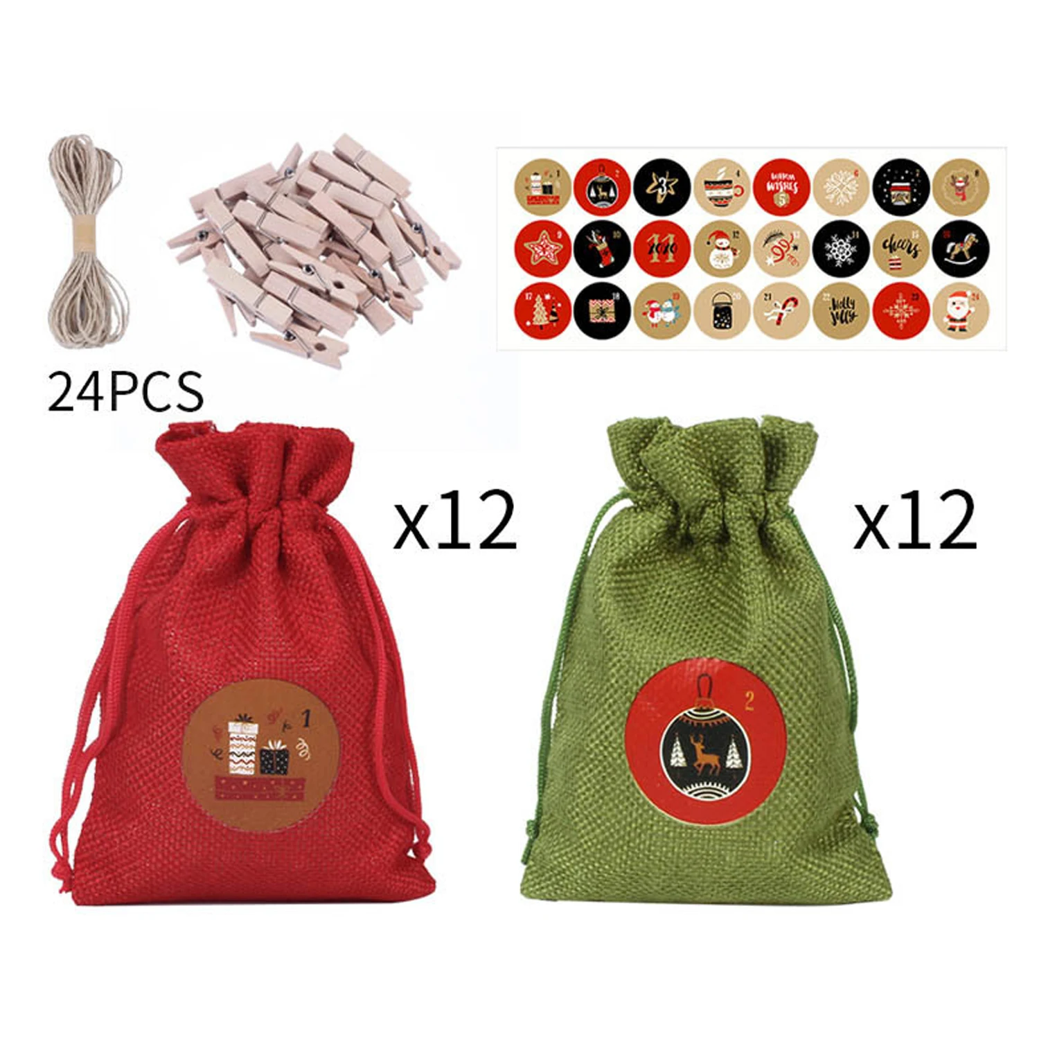 24 Pcs Christmas Gift Bag Set: 12 Green 12 Red Linen Bags (24x18 cm), 24 Wooden Clothespins, 10m Twine, 24 Stickers, 1 Postcard