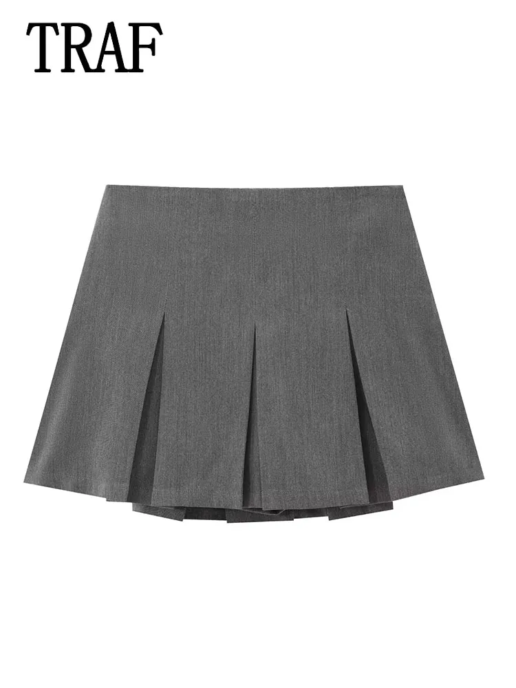 TRAF Women Pleats Short Skirts 2024 New Fashion Women Shorts Skirt Woman Mid-Waist Mini Skirts Casual Summer Skort