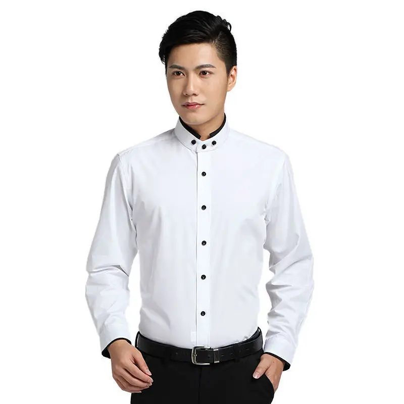 Casual Solid Long Sleeve Button-down Shirt for Men Chinese Stand Collar Regular-fit Thick Dress Shirt Black White Shirts Male