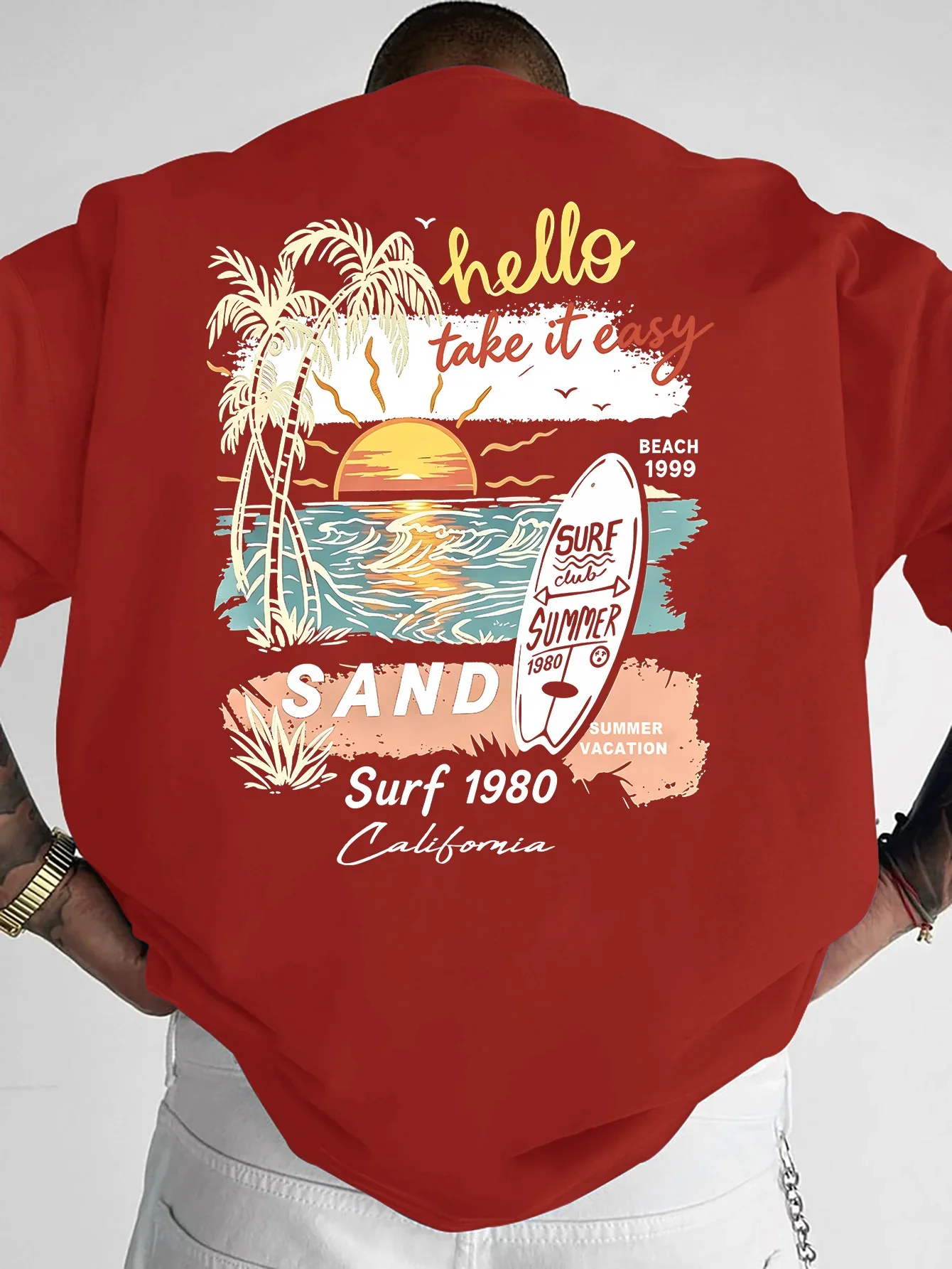 Men California Surf T Shirt Cotton Sunset Palm Tree Beach Graphic Print Oversized Vintage Streetwear Casual Short Sleeve Tee