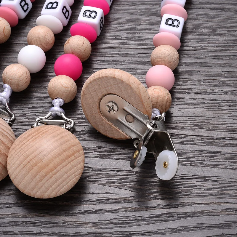 Baby Personalized Name Wood Nipple Holder Clip Pacifier Teething Chew Toy Food Grade Infant Teether Dummy Chain Shower Gift