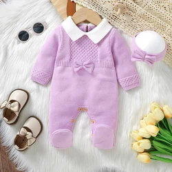 Neugeborene Stram pler Set Wickel füße warme Säuglings mädchen Overall Outfits stricken Kleinkind Kleidung Hörer Mode Krawatte 0-9m 2pc Overalls