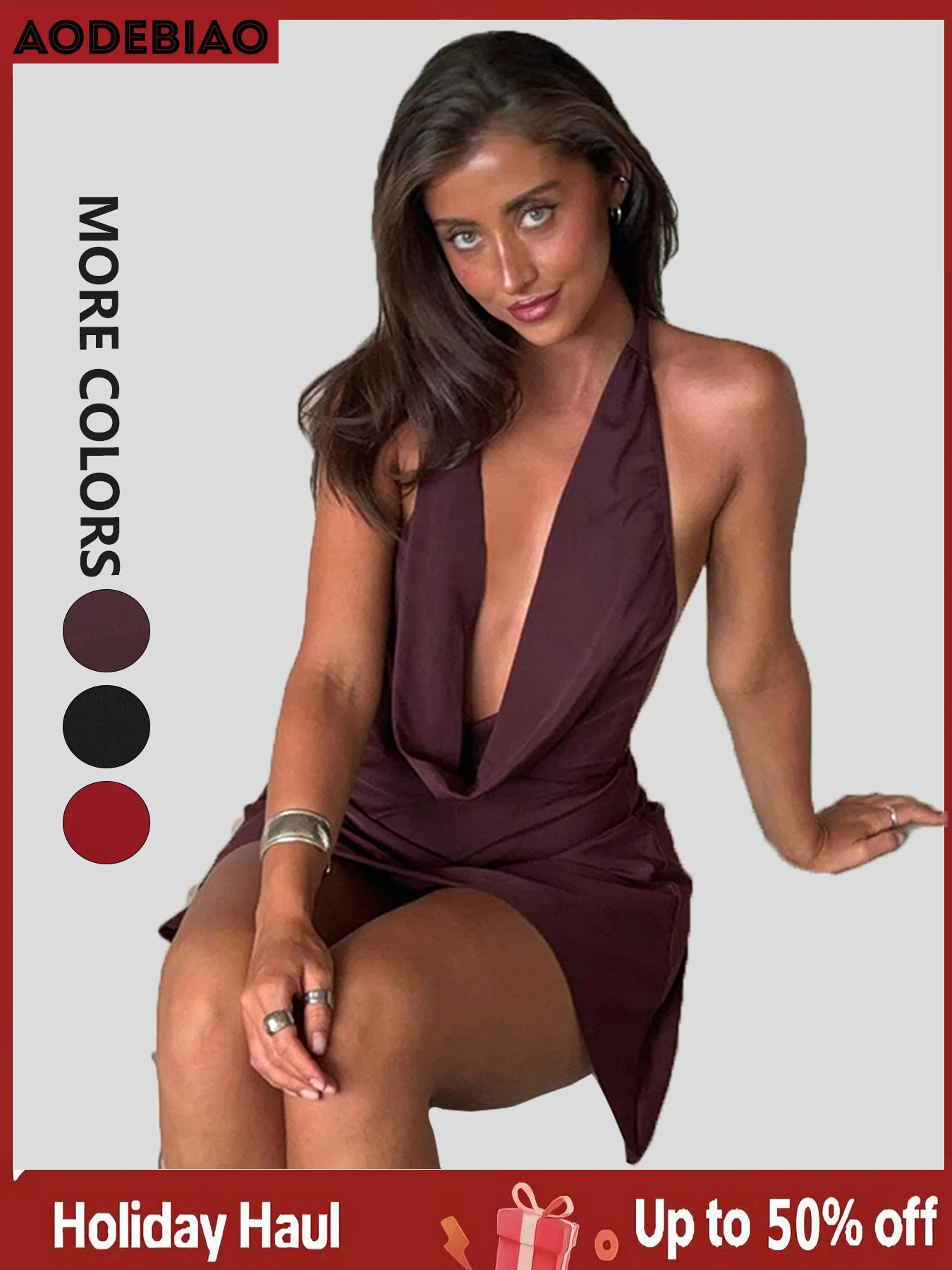 

AODEBIAO Elegant Party Dress Women Sleeveless V-Neck Black Summer Mini Dress Women Halter Backless Slim Sexy Casual Solid Dress