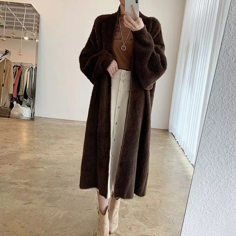 Fluffy Long Cardigan Women Elegant Long Sleeve Fur Loose Female Knit Sweater Coat 2023 Autumn Winter Street Maxi Lady Outwear