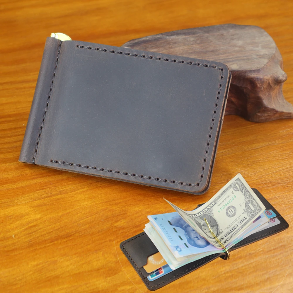 

Vintage Handmade Crazy Horse Genuine Leather Money Clips Men's Wallet Small Short bifold Purse Thin Male Money Bag Gift Present