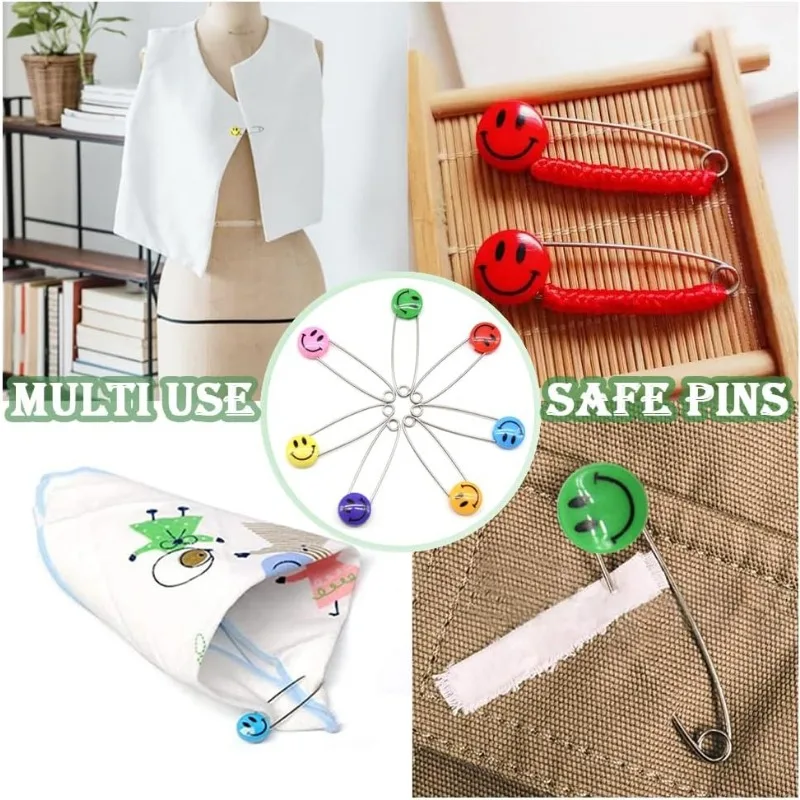 10pcs Safety Pins Child Proof Safety Pin Candy-Color- Smile Cute Baby Safe Pins,Plastic Head, for Fabric Diapers, Garment Repair