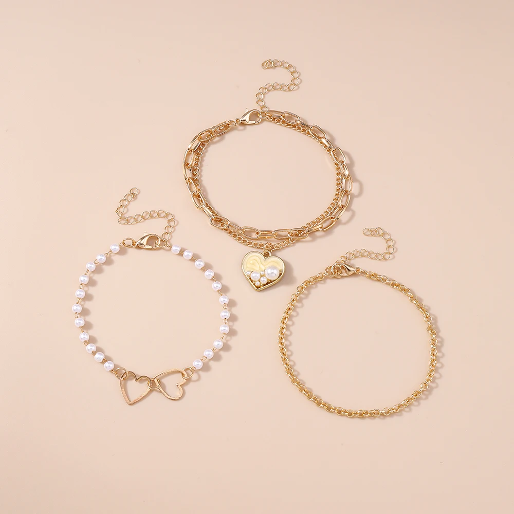 Aihua 3-teiliges Set Trendiges Goldfarbenes Ketten-Perlen-Herz-Armband für Damen, Modisches Mehrlagiges Armband & Armreif, Schmuckgeschenke – Detail 5