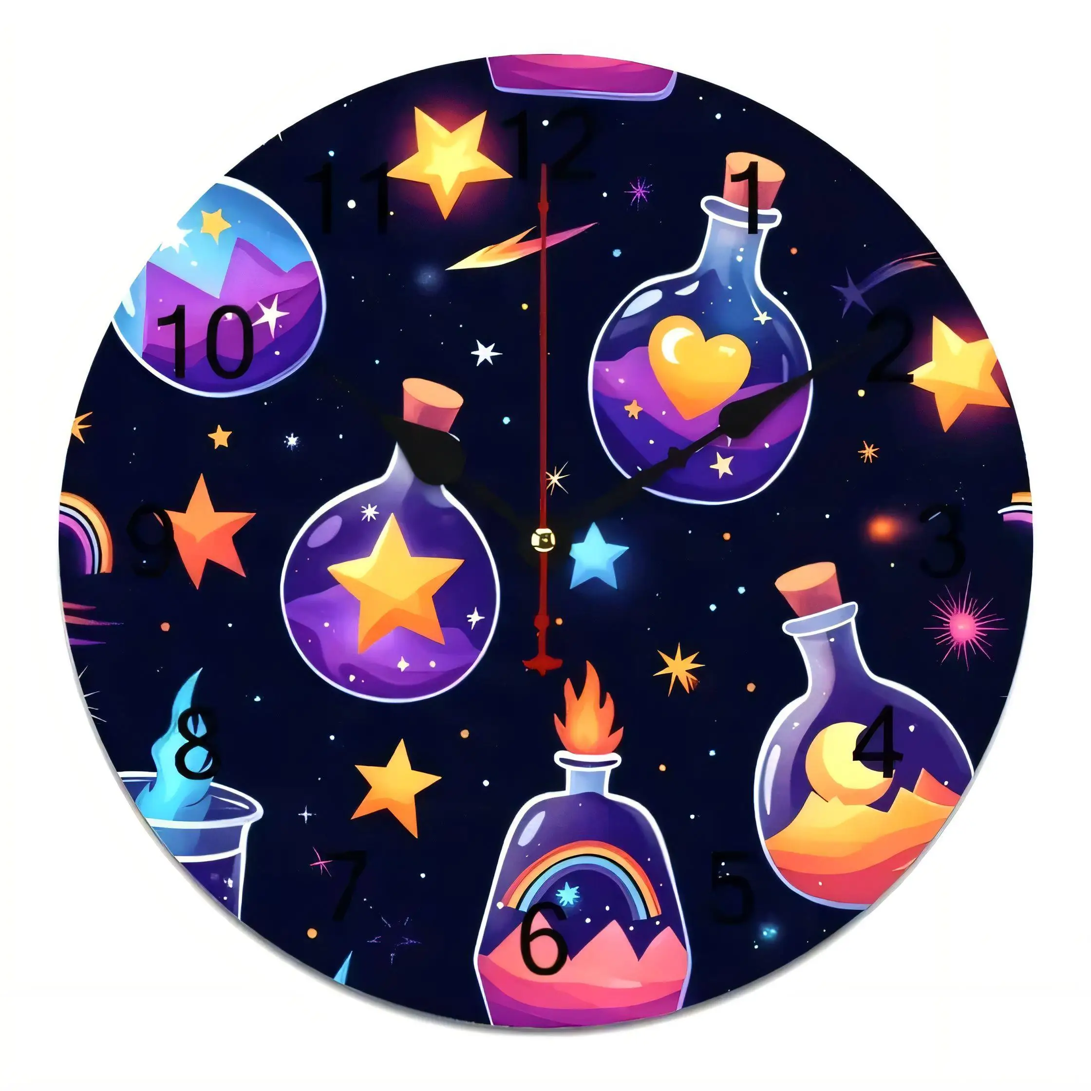 Whimsical Cosmic  Wall Clock with Magical Stars Potion Bottles Silent Non Ticking Battery Operated Fantasy Decor for Kids Room