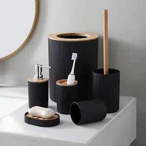 Modern Bathods Essentials Set/incluye soporte de cepillo de dientes, contenedor de desechos, cepillo para el baño, taza, plato de jabón y dispensador de jabón 12 mejores set de ventas WC - №5