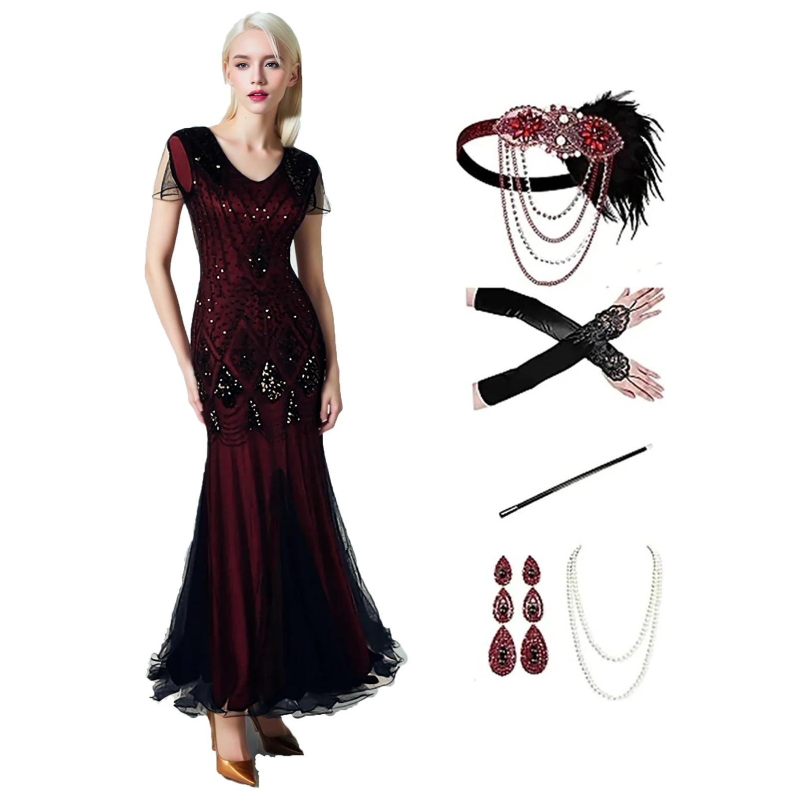 

Women 1920s Flapper Dress with Accessories Dark Red Vintage V-Neck Ballroom Party Sequin Dress with Tassel Hem Evening Gown