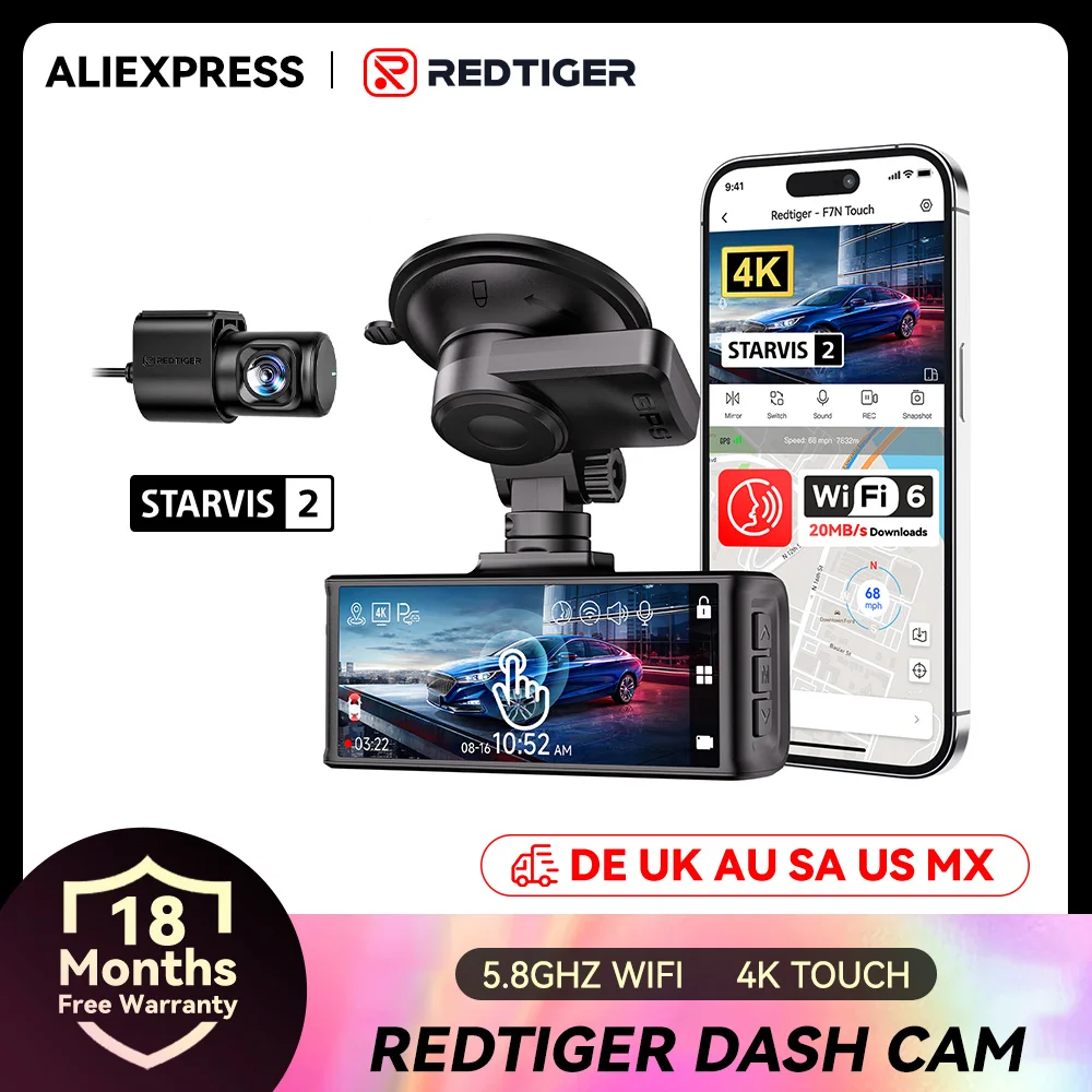 Cámara para Auto REDTIGER F7N TOUCH 4K, Delantera y Trasera, 5.8Hz WiFi, DVR para Auto, Cámara Dual, Grabadora de Video para Auto, GPS Táctil