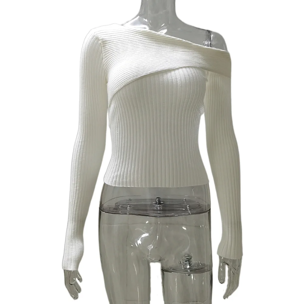 أفضل بائع لخريف وشتاء على الطراز الغربي سترة فرنسية مثيرة بقصة ضيقة - غير متماثلة خارج الكتف بياقة بيتر بان مضلعة صلبة طويلة- #6