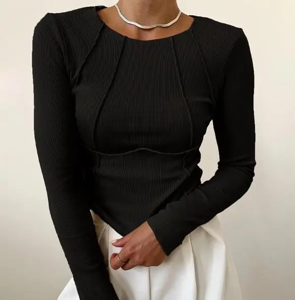 

2025 Autumn/Winter New Women's Fashion Casual Solid Color Open Chest Long Sleeve Round Neck T-shirt Women's Wear