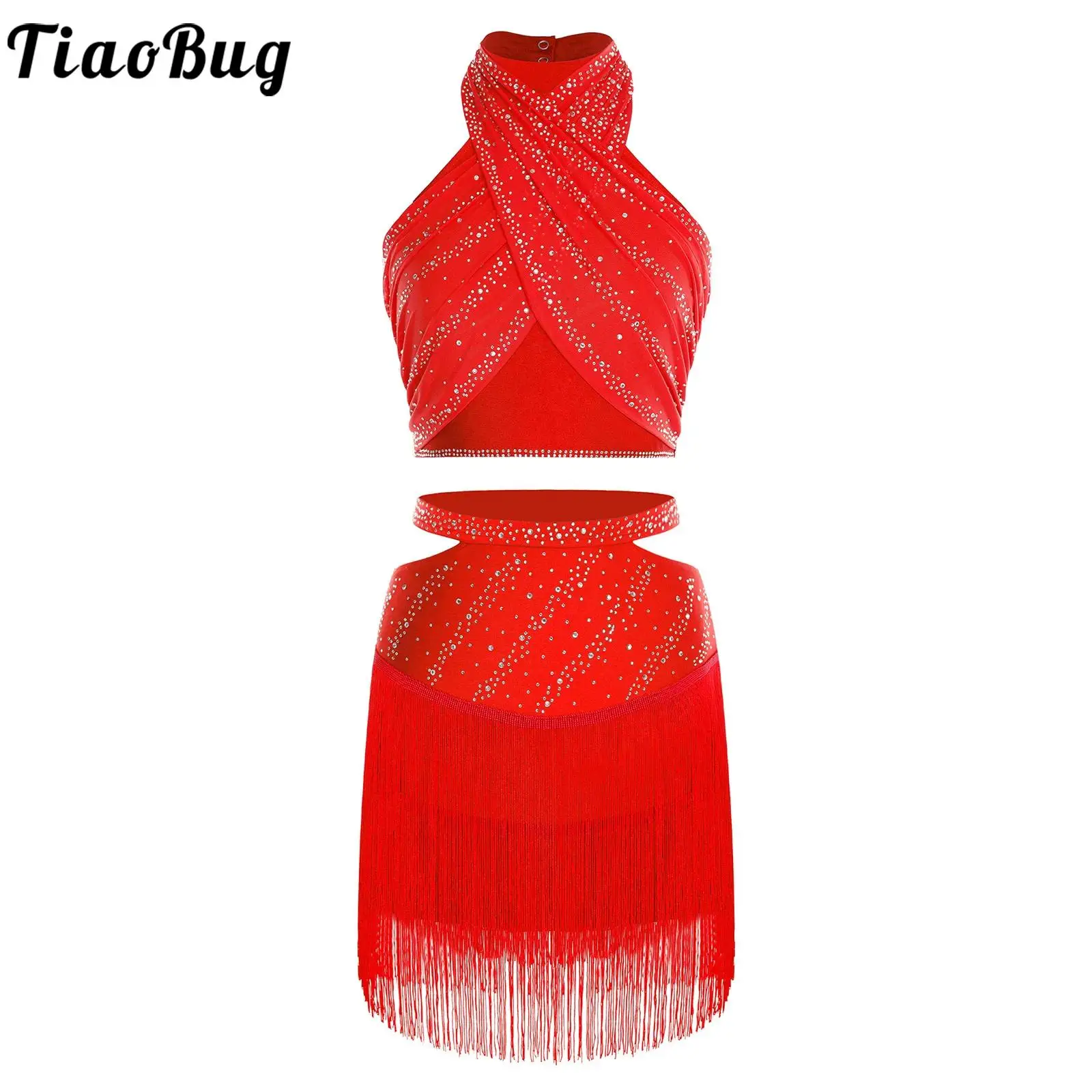 

Women Latin Salsa Rumba Dance Costume Outfit Jazz Sets Sleeveless Rhinestones Ruched Mesh Overlay Crop Top with Tassels Skirt